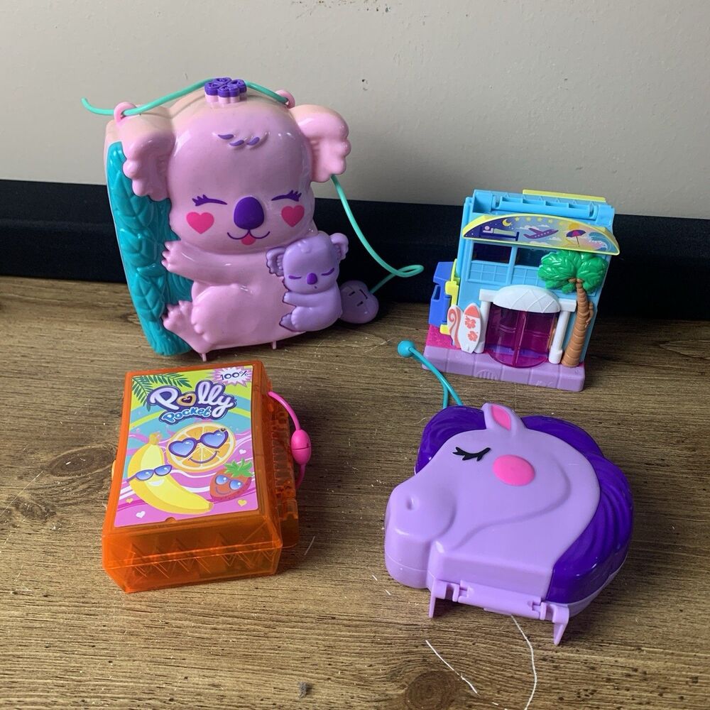 Polly Pocket Lot Jungle Safari Juice Box Compact Pollyville Hotel Pony Koala
